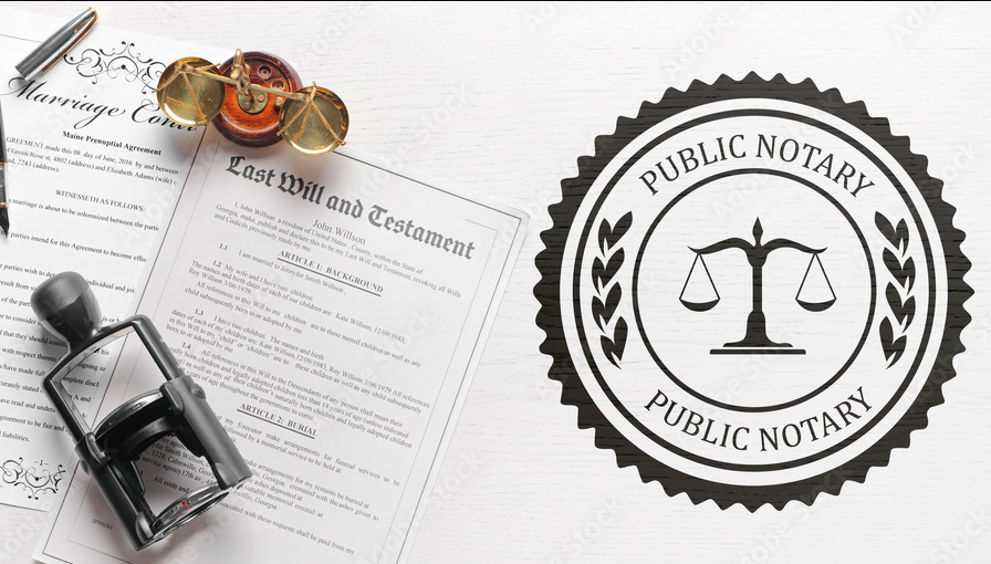 stock photo og a public notary circular stamp and a last will.